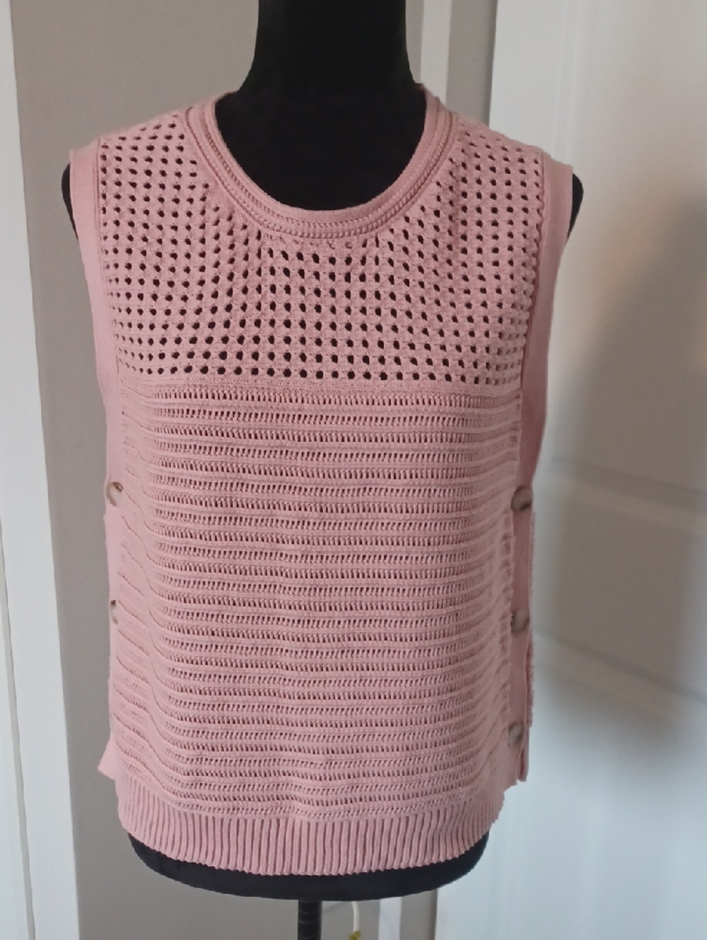 Halogen Pink Open Stitch Sleeveless Cotton Sweater